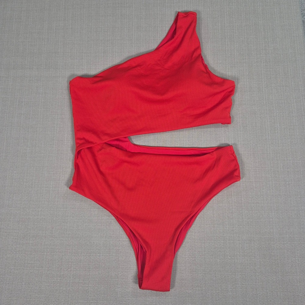 Red Ribbed One Shoulder Cutout One Piece Swimsuit Monokini Size XXL
